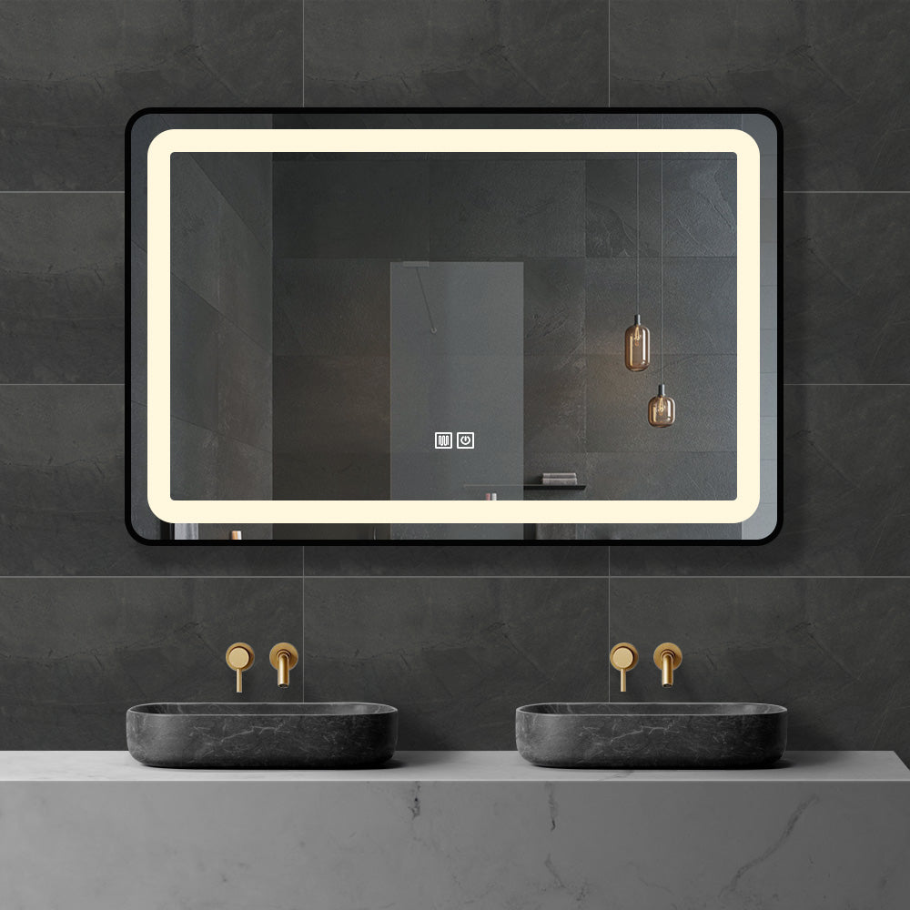 Framed Rectangle LED Mirror with Demister, Three Light Selection and D ...