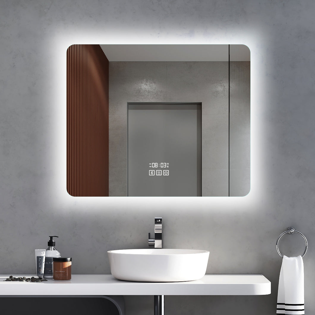 Smart LED Mirror with Demister, Light Selection, Dimmable Control, Bluetooth, Date/Time/Temp Display