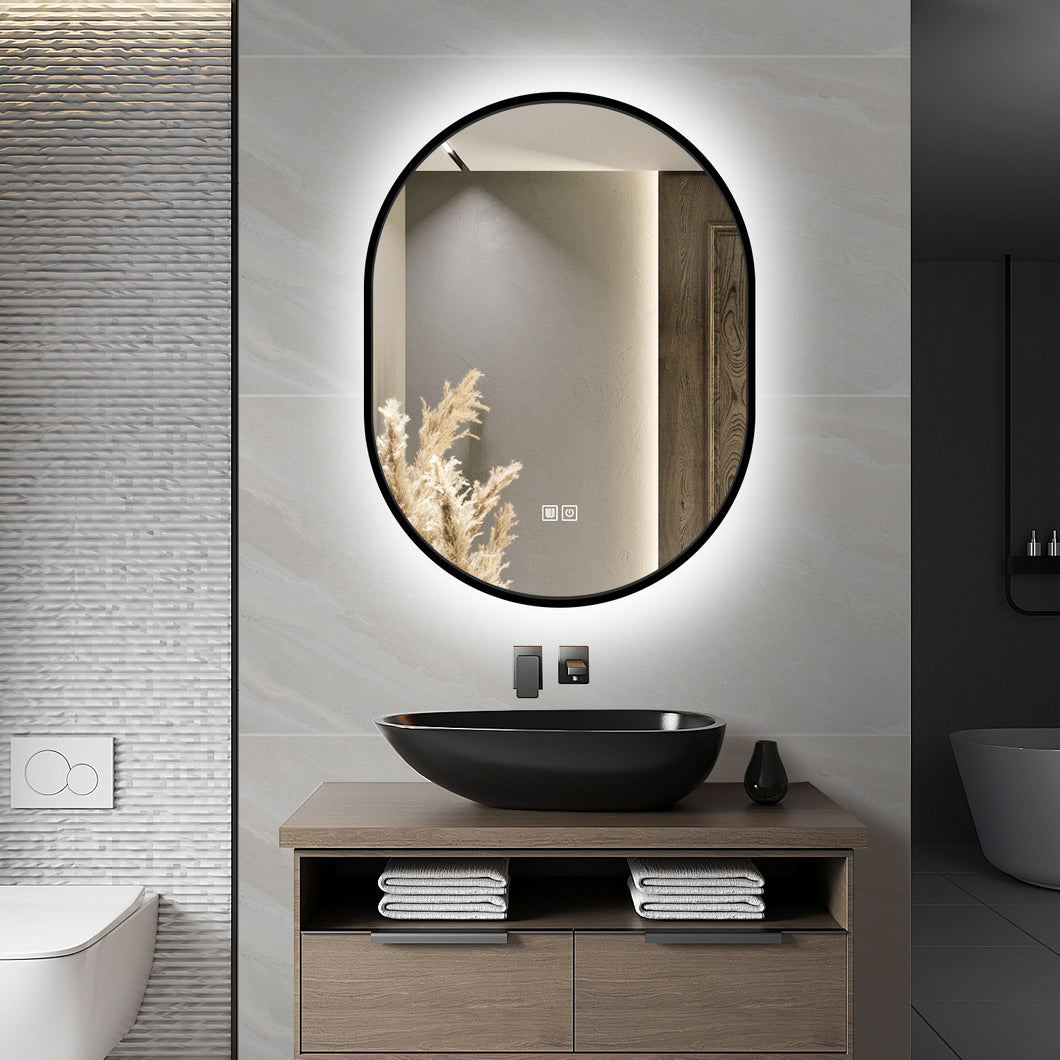 Oval Framed Backlit LED Mirror with Demister, Three Light Selection and Dimmable Control