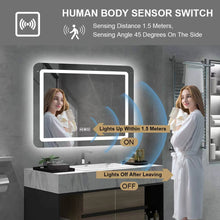 Load image into Gallery viewer, Bathroom scene with a human body sensor switch on a mirror, showing its sensing distance and angle.