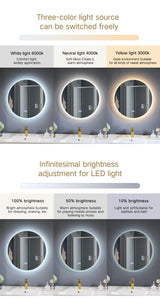 Round LED Mirror with Demister, Three Light Selection and Dimmable Control