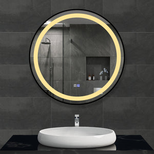 Framed Round LED Mirror with Demister, Three Light Selection and Dimmable Control