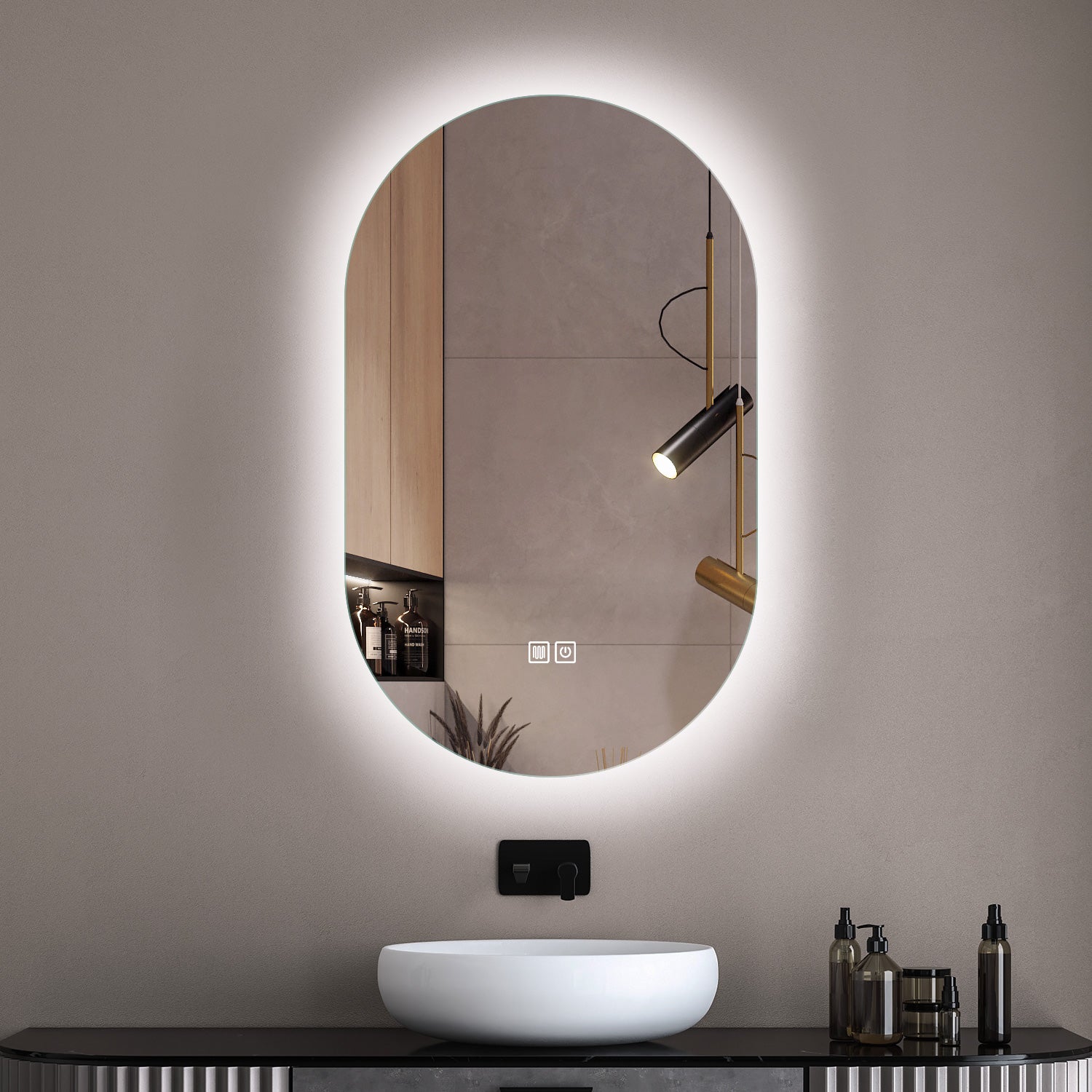 Oval Backlit LED Mirror with Demister, Three Light Selection and Dimma ...