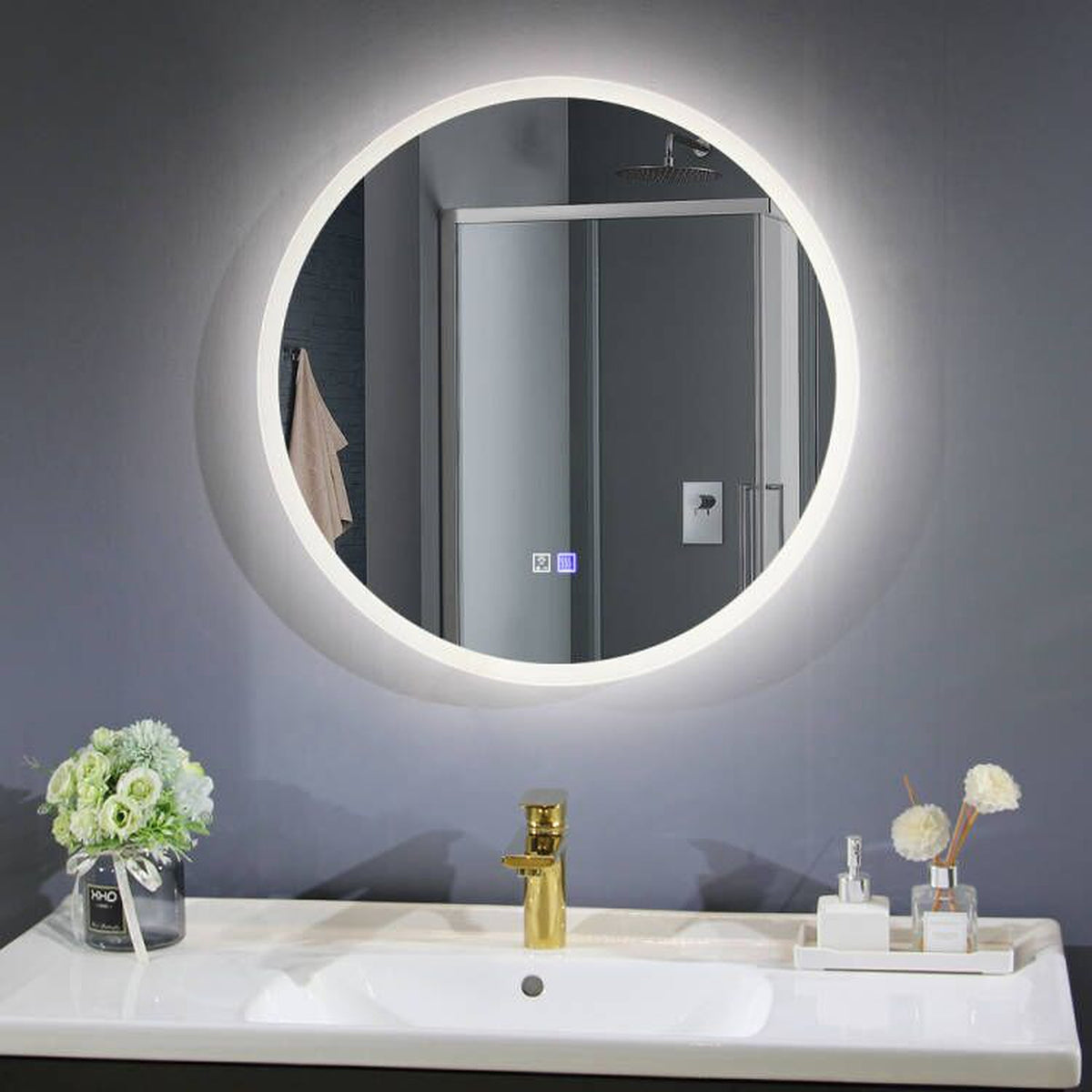 Round LED Mirror with Demister, Three Light Selection and Dimmable Con ...